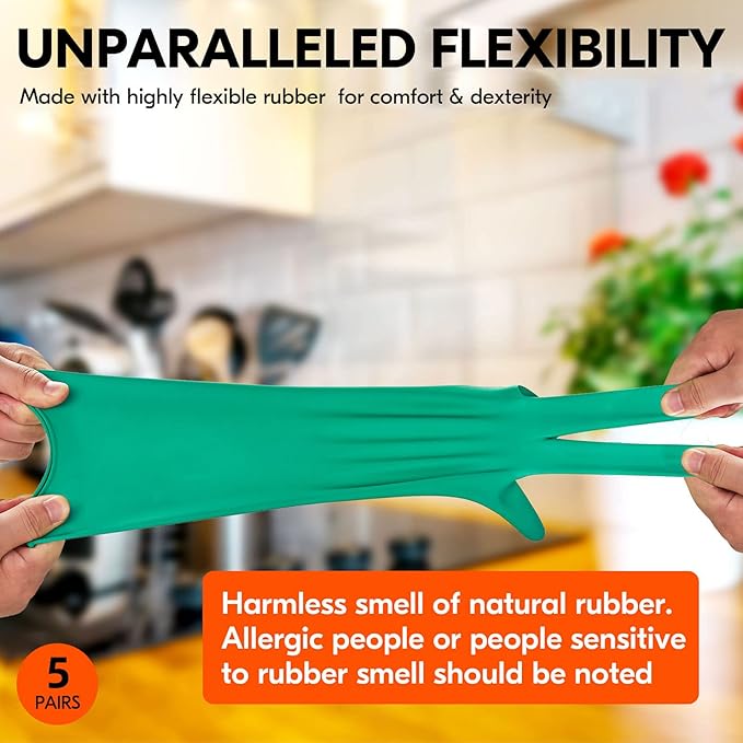 Vgo... 5-Pairs Reusable Household Gloves, Rubber Dishwashing gloves, Extra Thickness, Long Sleeves, Kitchen Cleaning, Working, Painting, Gardening, Pet Care (Size XL, Green, HH4601)