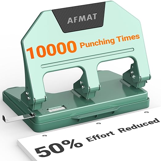 AFMAT HPX3 Heavy Duty 3 Hole Punch, 40-Sheet 3 Hole Puncher for Binder, Metal Three Hole Punch w/ 10,000+ Uses, 50% Reduced Effort, Bulit-in S.S. Paper Guide, Large Chip Tray, Green