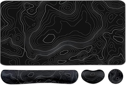 Topographic Large Mouse Pad and Keyboard Wrist Rest, Desk Pad for Keyboard and Mouse, 4-in-1 Large Gaming Mouse Pad with Wrist Support, Non-Slip Desk Mat for Home Office Study Game-Topographic Contour