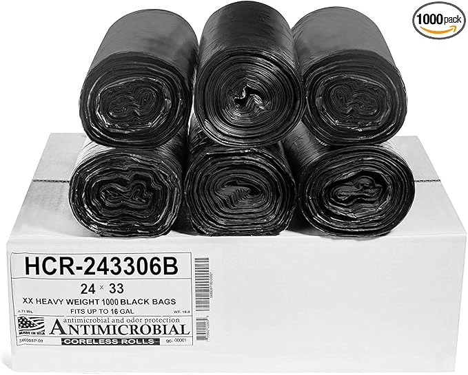 Aluf Plastics High Density Trash Bags, 16 Gallon, 1000 Count, 6 Micron (eq), 24" x 33", Black, for Bathroom, Office, Industrial, Commercial, Janitorial, Municipal, Recycling