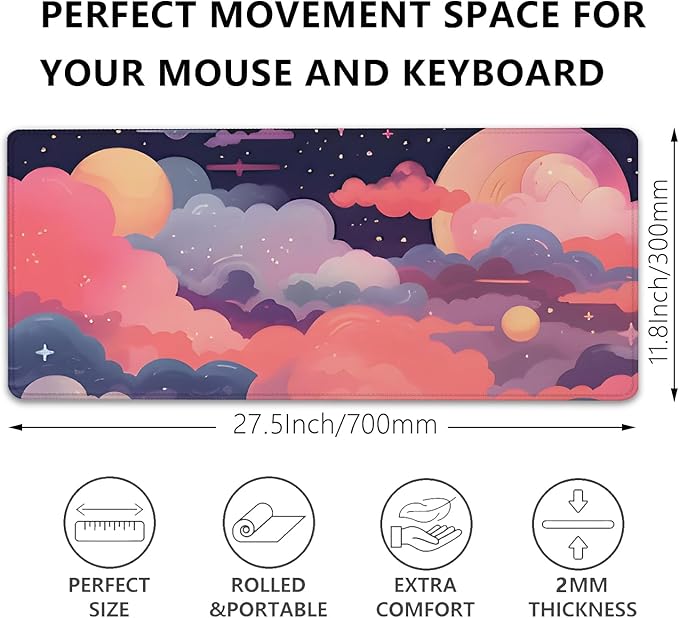 Red Cloud Desk Mat Cute Mouse Pad,Kawaii Anime Large Mousepad with Non-Slip Stitched Edges,Keyboard Mouse Mat Desk Pad for Women Girl Work Office Home(27.5X11.8 in)