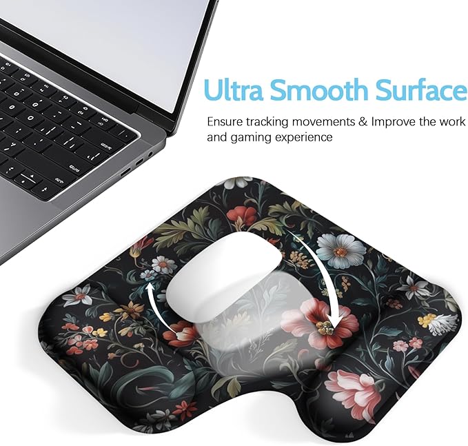 Ergonomic Mouse Pad with Gel Wrist Rest (1"& 1.2" Dual Height) - Mouse Pads Compact Mousepad Desk Mat Office, Gaming & Carpal Tunnel Relief | Non-Slip Rubber Base Dark Floral