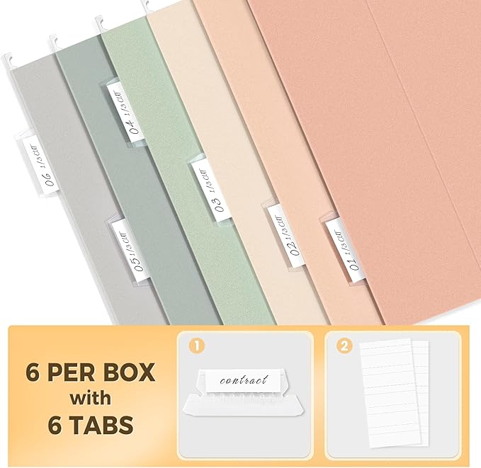 SUNEE Hanging File Folders, 6 Pack Letter Size Hanging File Folders with 1/5-Cut Tabs, Ideal for Home and Office Organization and Papers Classification,Morandi Colors