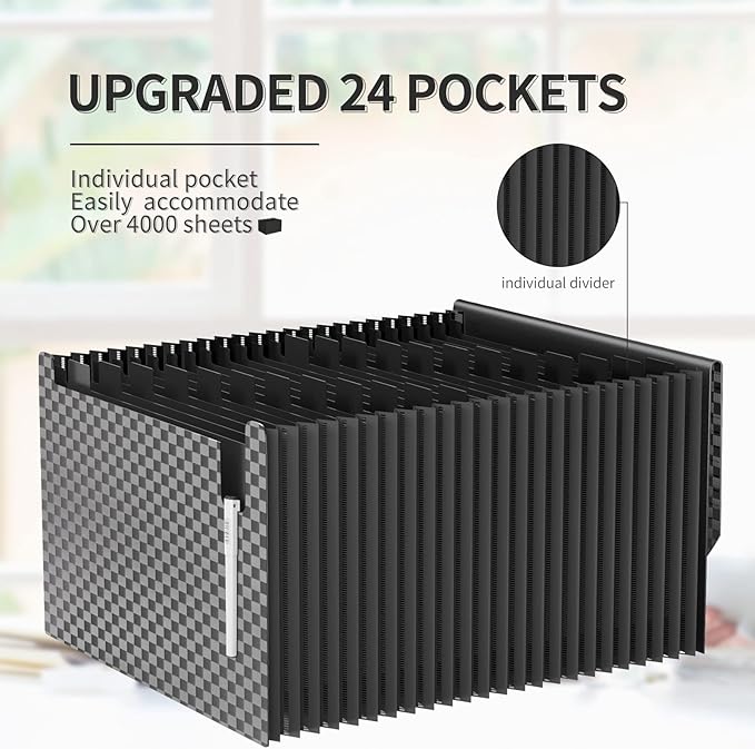 24 Pockets Accordion File Organizer,Document Organizer,Expanding File Folder Letter Size,Expandable Filing Box,Special Designed for Portable Use,Accordian Folders,Plastic (Grid Black)