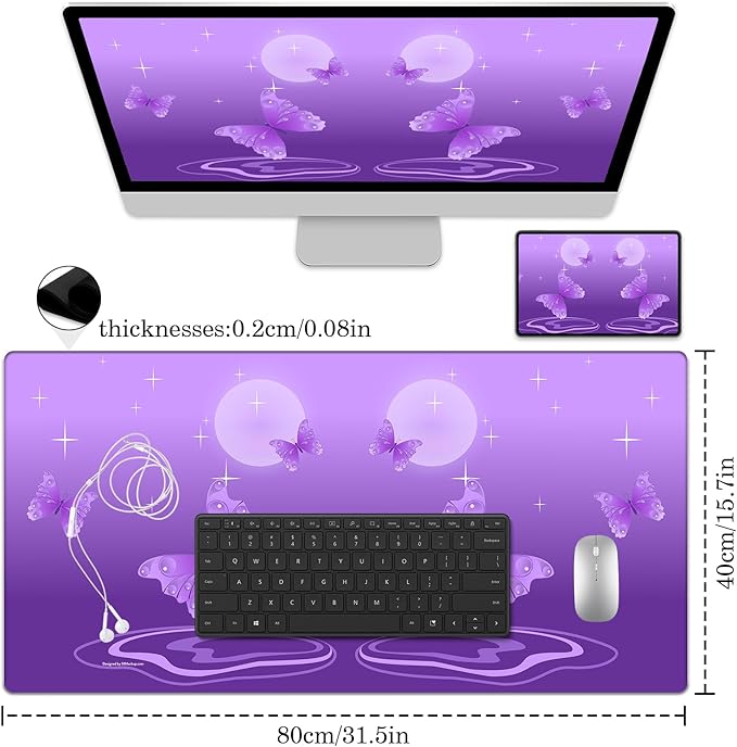 Star Moon Butterfly Desk Pad Protector, Stitched Edges Mouse Pad, Large Office Desk Mat, Non-Slip Desk Blotter, Laptop Desk Pad, Desk Writing Pad for Office and Home (31.5" x 15.7 ")