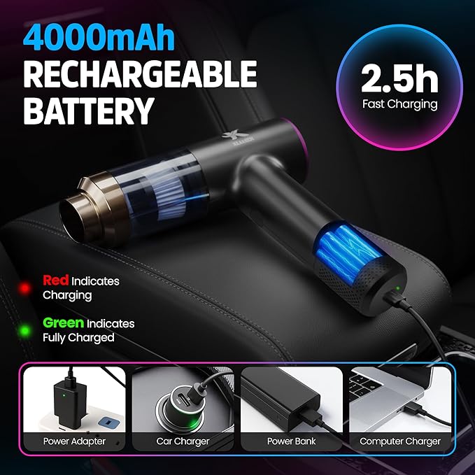 Klaasen Handheld Car Vacuum Cleaner, Dual Suction 7.5K & 12k Pa, Portable Mini | Blower, Inflator, Deflator and Dustbuster for Car, Home, Kitchen & Office | Black Color