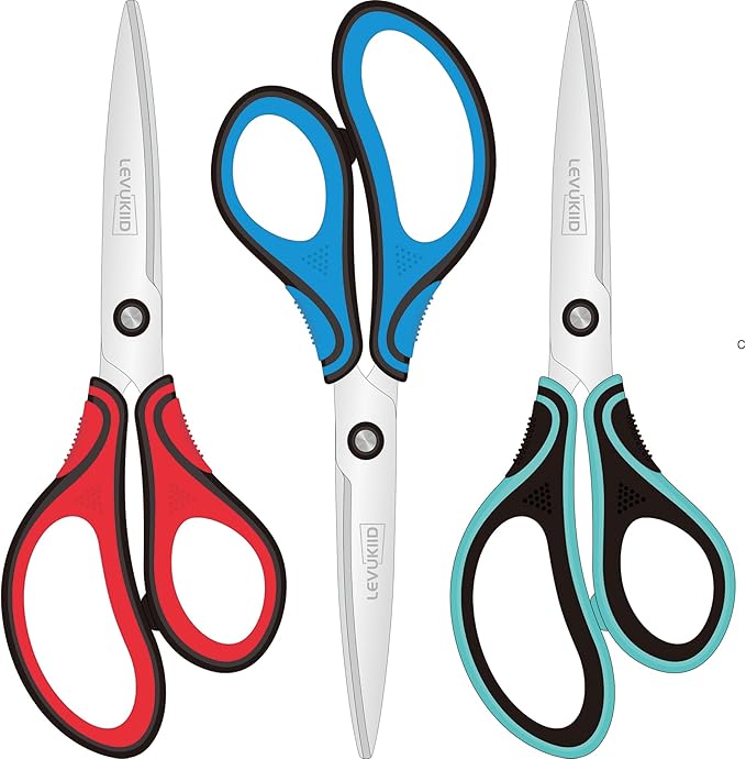 Office Scissors All Purpose - Comfort Grip Handle,Sharp X Blade,8-Inch Scissors for Ages 12+,pointed tip, Three Color Handles, Craft Cutting Tool
