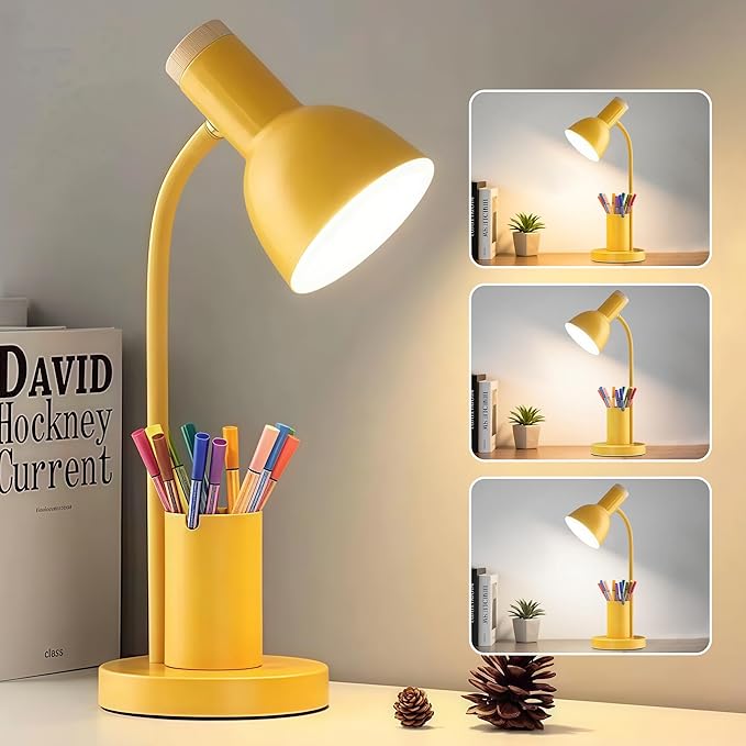 LED Desk Lamp with Pen Holder, Eye-Caring Desk Light 3 Color Modes Reading Light Flexible Gooseneck Metal Study Lamp, Cute Table Lamps for Home Office Bedside Dorm (Yellow lamp)