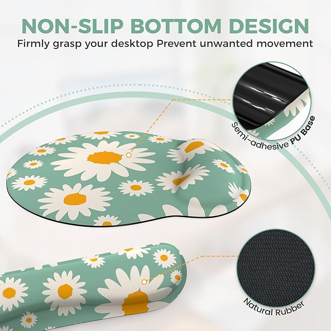 iCasso Desk Cover Mat, 4in1 Floral Large Mouse Pad with Wrist Rest, Desk Matt for Desktop, Anti-Slip XXL Big Computer Ergonomic Mousepad with Wrist Support for Keyboard and Mouse (Daisy)