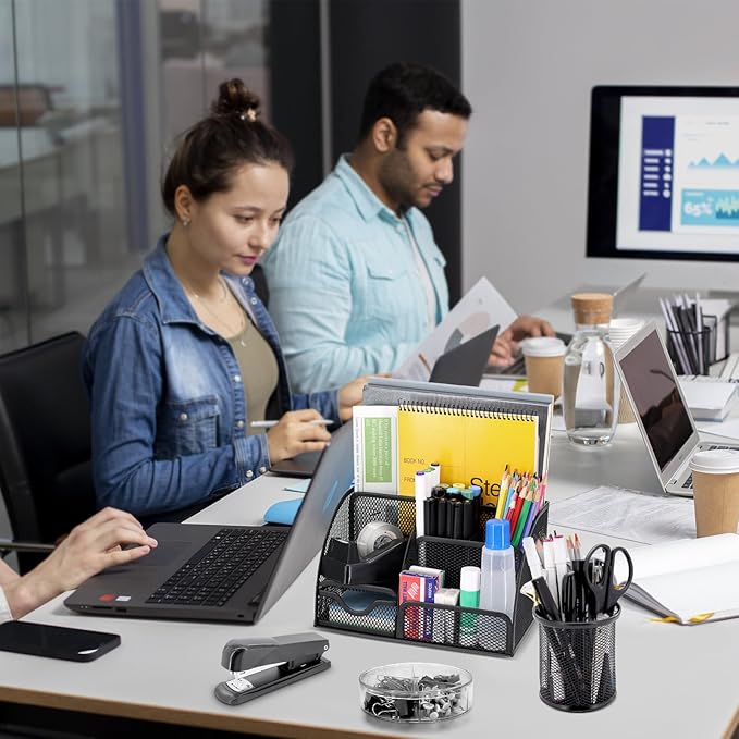 17 in 1 Black Desk Organizers and Accessories Set, 3 Office Desk Supplies Storage Organization, 4 Pens, Stapler, Staples & Remover, Tape & Dispenser, Scissors, Ruler, Clips, Hole Punch, Back to School