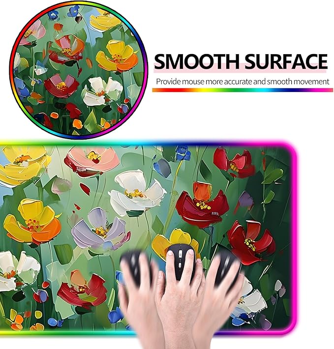 RGB Abstract Green Wildflower Gaming Desk Mat, Computer Keyboard Large Extended Long Floral LED Mouse Pad for Office and Home, XL (W23)