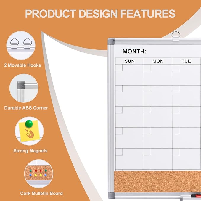 Comix Dry Erase Calendar Whiteboard Corkboard Combo, 24 * 18 inch Monthly Calendar and Bulletin Board Combination for Wall, Aluminum Frame Planner with Dry Erase Markers, Magnets, Push Pins