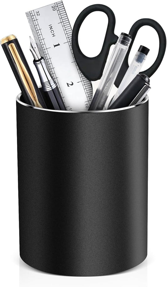 Metal Pen Holder for Desk Round Aluminum Desktop Organizer and Makeup Brush Holder Storage Box for Office, School, Home, and Kids, Non-slip silicone bottom3.9×3.14inch (Black)