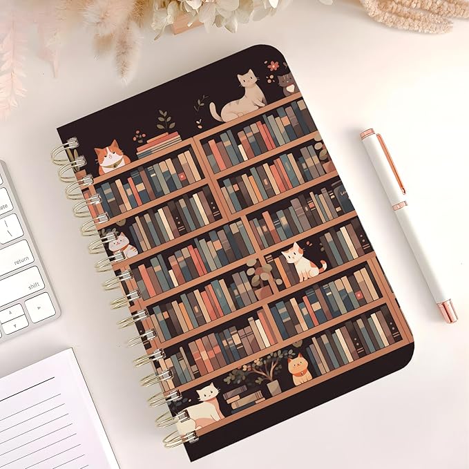 Cute Spiral Notebook journal A5 Aesthetic Pretty Floral Design for Women Girls Kawaii with Pocket, 8.5 x 5.7 inch, Cat