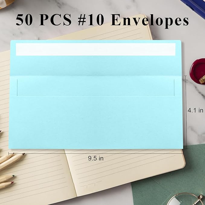 50 Pack Light Blue #10 Business Envelopes, Standard Envelopes Self Seal, 4 1/8 x 9 1/2 Inch Letter Size Business Mailing Envelopes for Checks Invoices Statements Baby Shower Wedding Graduation