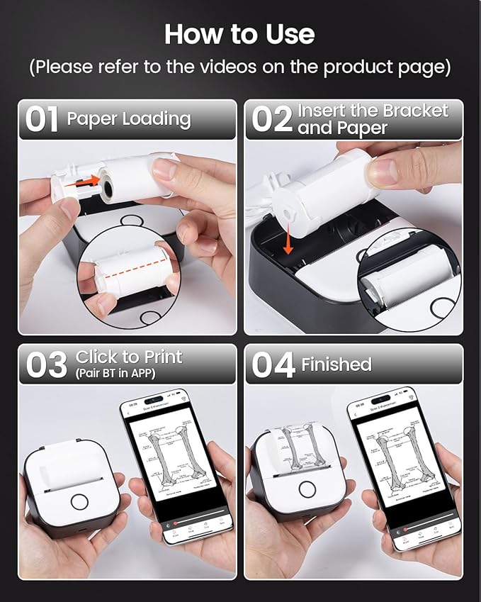 Memoking Mini Printer - Sticker Printer T02 Portable Thermal Inkless Sticker Maker Machine, Bluetooth Pocket Labeler for Study Graphics, Anatomical Diagrams, Photos, Receipts, Black