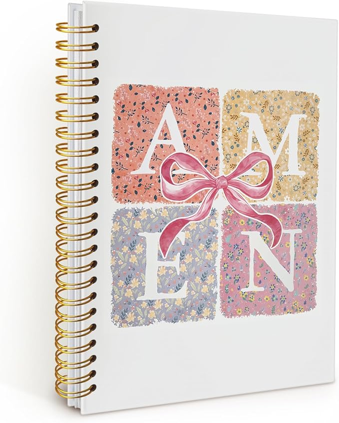 Coquette Pink Bow Amen Christian Spiral Notebook, Notebook for Bible Notes, Church Notes Notebook Journal, Christian Floral Hardcover Notebooks 5.5x8.3