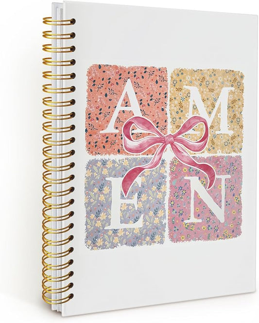 Coquette Pink Bow Amen Christian Spiral Notebook, Notebook for Bible Notes, Church Notes Notebook Journal, Christian Floral Hardcover Notebooks 5.5x8.3
