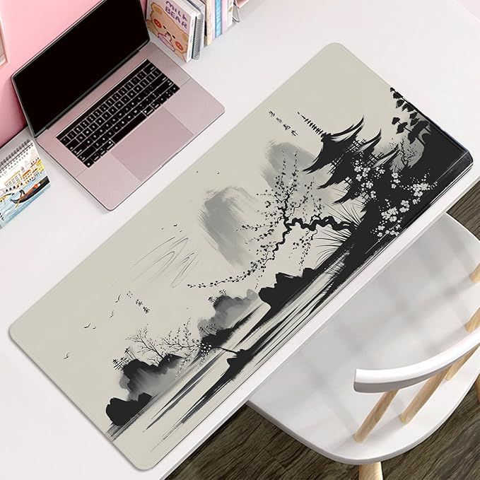 Ink Wash Sakura Mouse Pad Desk Mat,Cherry Blossoms Mouse Pad Japanese,Desk Mat for Keyboard and Mouse,Computer Pad,XL Mousepad with Stitched Edge Non-Slip Rubber Base for Office Home (27.5X11.8 in)