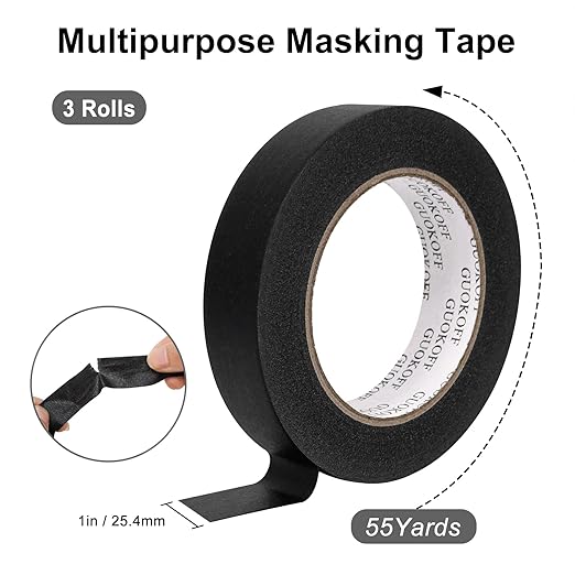 Black Masking Tape, 1 Inch x 55 Yards x 3 Rolls, Black Painters Tape, General Purpose Painting Adhesive Tape for Arts DIY Crafts Labeling