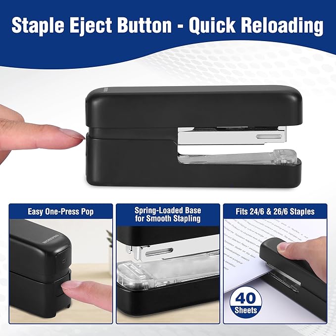 WORKPRO 2-in-1 Stapler with Staples & Staple Remover, 40 Sheet Capacity, Flat Clinch Design, Storage Space, Includes 2000 Standard Staples - Non-Slip Office Stapler for Desk, Classroom, Black