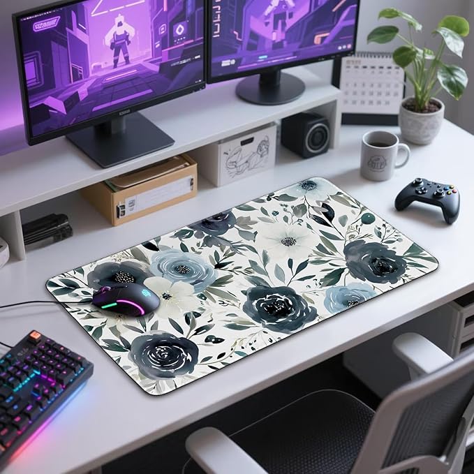 Large Gaming Mouse Pad 31.5x15.7 Inch, XXL Mousepad with Non-Slip Rubber Base & Stitched Edges, Extended Desk Mat for Computer/Laptop/Office/Home Navy Blue and White Watercolor Floral