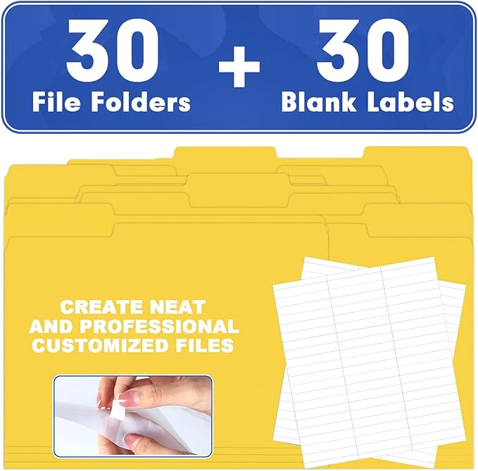 File Folder, HERKKA 30 Pack 1/3 Cut Tab File Folders, File Folders Great for Organizing and Filing, Letter Size, Yellow