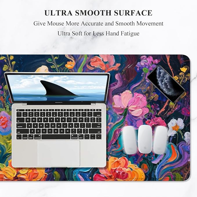 Auhoahsil Desk Mat, Ultra Large Mouse Pad, XXL Gaming Mousepad, Pretty Desk Pad, Big Extended Full Size Desktop Desk Matt for Keyboard, Laptop & Computer, 35.5 x 15.7 in, Colorful Flowers