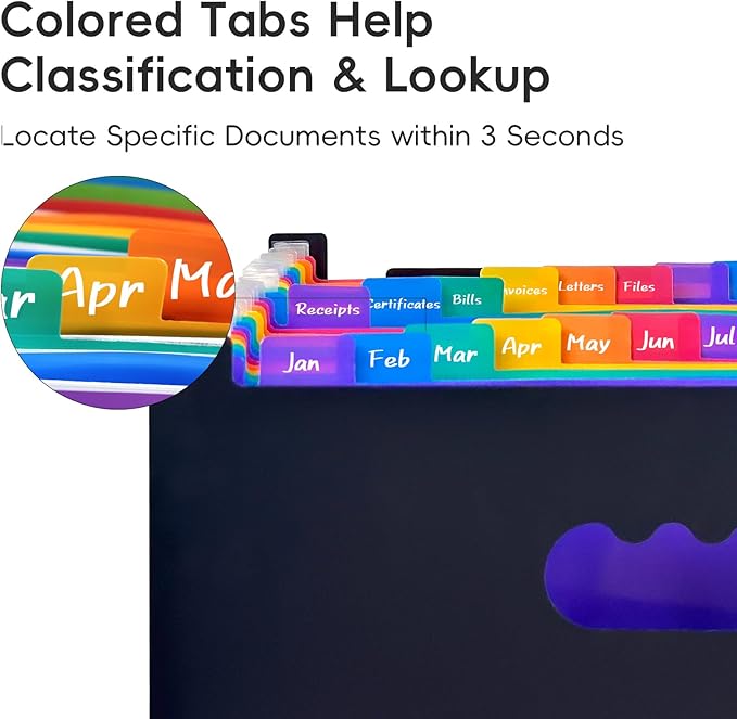 File Organizer Box with Folder, 25 Pockets Accordion File Organizer with Colored Labels, Upgraded & Portable File Folders for Home, Office, School, Black-Leather