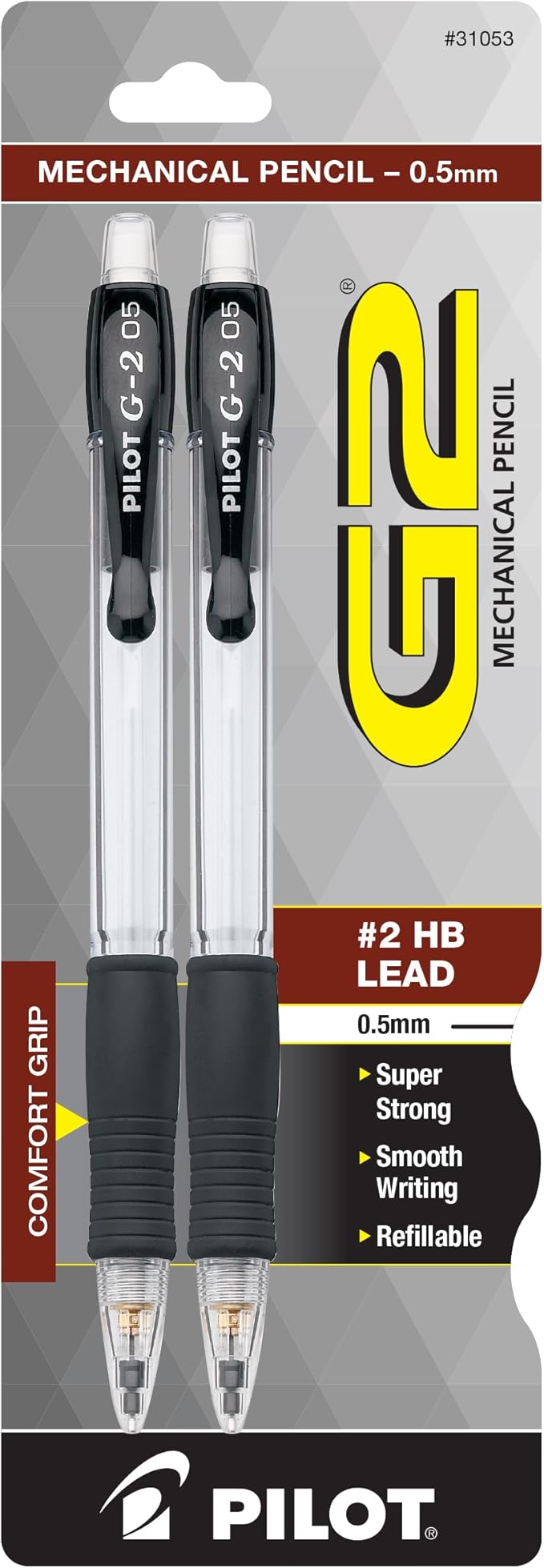 Pilot, G2 Mechanical Pencils, 0.5mm HB Lead, Clear Barrel, Pack of 2