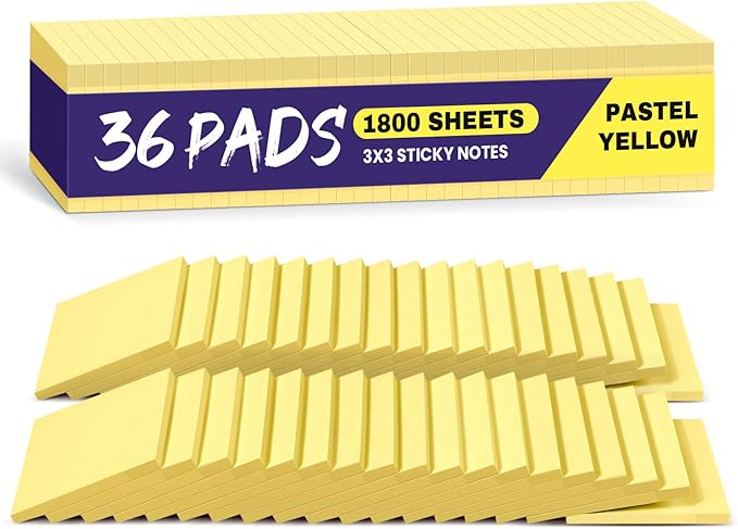 36 Pads Sticky Notes, 3x3 inches, Yellow Soft Pastel Self-Stick Note Pads, Perfect for Office, Study, and Daily Life Organization - 36 Pack