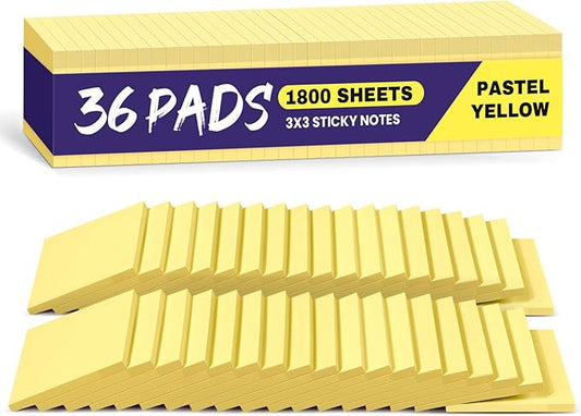 36 Pads Sticky Notes, 3x3 inches, Yellow Soft Pastel Self-Stick Note Pads, Perfect for Office, Study, and Daily Life Organization - 36 Pack
