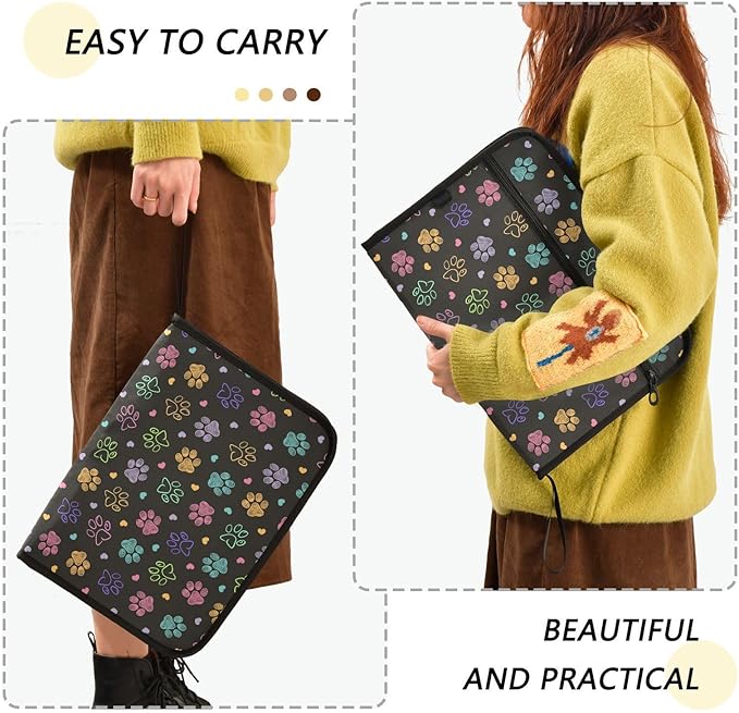Gredecor 13 Pockets File Folder Organizer A4/Letter Water Resistant Colorful Doodle Paw Document Bag with Zipper Filing Folder Expanding File Pouch Storage for School Office