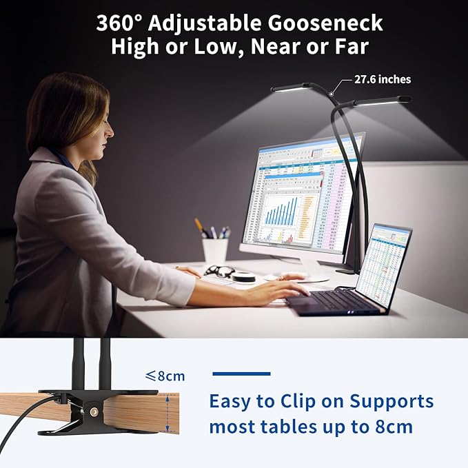 iZELL Desk Lamp, [2 LED Tube] Desk Lamps for Home Office with Clamp, Flexible Gooseneck LED Book Light, Easy Clip on Reading Lights for Bedrooms Beside Table Headboard College Dorm Bed Room - Black