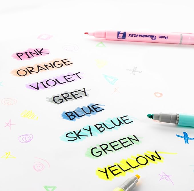 Pentel Illumina Flex Twin Tip Highlighter, Dual-Tip Marker Highlighter, Flex Tip and Chisel, 8 Asstorted Pastel Ink Colors, Pack of 8 (SLW11P-8E)
