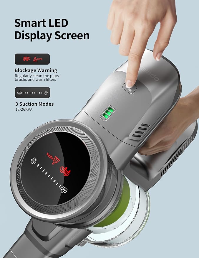 kalado Cordless Vacuum Cleaner 250w, 26000pa Stick Vacuum Cleaner, LED Display Screen, Detachable Battery, Suitable for Hard Floors, Carpets, Pet Hair