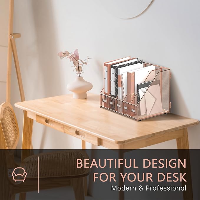 DALTACK Desk Organizers Metal Magazine File Holder with 5 Vertical Compartments Folder Storage Binder Organizer for Office Home School Organization, Rose Gold, Plus