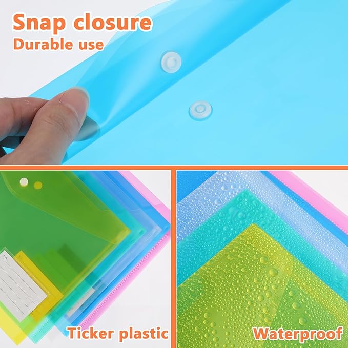 A4 Plastic Folders - Clear Envelopes with Snap Closure - Set of 50, Reusable Document Pouches