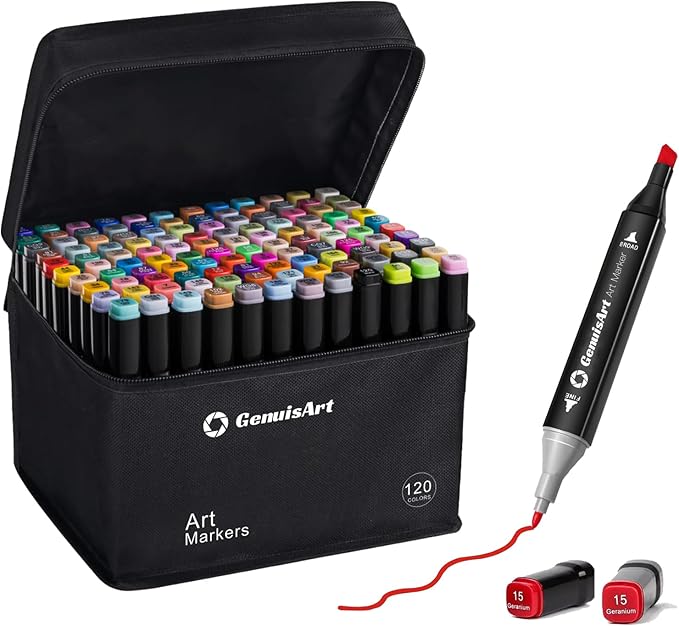 Alcohol Markers, Chisel & Fine Dual Tips,Paint Markers For Coloring, Drawing, Sketching, Card Making and DIY Patinting- Perfect for Adults and Kids (Black Barrel, 120)
