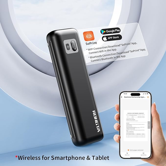 Rongta Portable Printers Wireless for Travel, 300DPI WiFi & Bluetooth Mobile Thermal Inkless Printer for School/Office/Home Use, Compatible with Android,iOS & Laptop (Black)