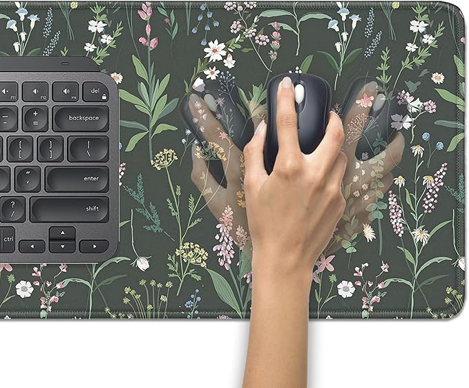 Green Plant Floral Mouse Pad,Large Flowers Mousepad Desk Pad with Stitched Edges,Non-Slip Waterproof Rubber Base Mouse Mat for Office Computer Keyboard Laptop Home(27.5x11.8 in)