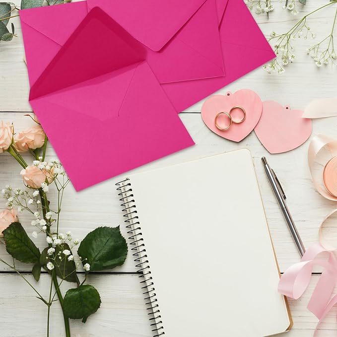 Whaline 50Pcs A7 Invitation Envelopes Set Hot Pink Greeting Card Envelopes V-Flap Envelopes Gift Card Sleeves for Valentine's Day Mailing Envelopes Sending Card, 7.3x5.3 Inch