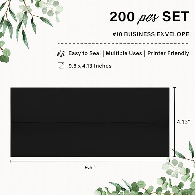 200 Pack #10 Business Envelopes, Self Seal Standard Black Envelopes for Secure Business & Legal Mailing, Office, Checks, Letter, Invoices, 4 1/8 x 9 1/2 Inches