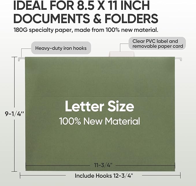 BALEINE 8PK Hanging File Folders, Letter Size Hanging Folders with 1/5-Cut Tabs for Filing Cabinets, File Boxes (8PK, Letter Size)