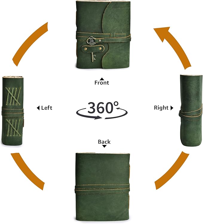 LEATHER VILLAGE Vintage Leather Journal – 200 Handmade Vintage Deckle Edge Paper – Leather bound Journal For Women Men – Vintage Key Closure - Book of Shadows - Green - 8X6 inches (A5)
