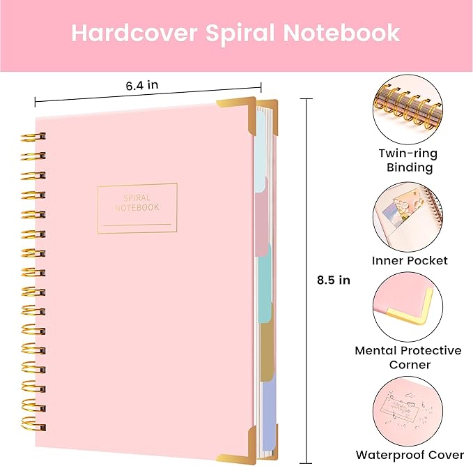 Yoment Hardcover Spiral Notebooks for Work School Note Taking, 6.1"x8.3" Journal Notebook with Tabs Dividers, Multi 5 Subject Notebook College Ruled, 200 Pages Lined Journal for Women, Pink