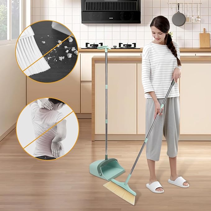Sayene Broom and Dustpan Set,Squeegee Broom,Long Handle Broom and Dustpan Set,Broom with Stand Up Dustpan Combo Set,Squeegee - Kit for Indoor Cleaning 2+1 for Home, Office, Lobby(Green)