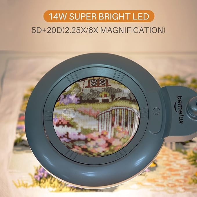 Bifocals Magnifying Desk Lamp with Clamp, 5 Diopter with 20 Diopter, 6 Inch Detachable Lens and 120PCS LEDs, 3 Color Modes 1200 Lumens Swivel Arm Magnifying Lamp with Light for Crafts (Silver)