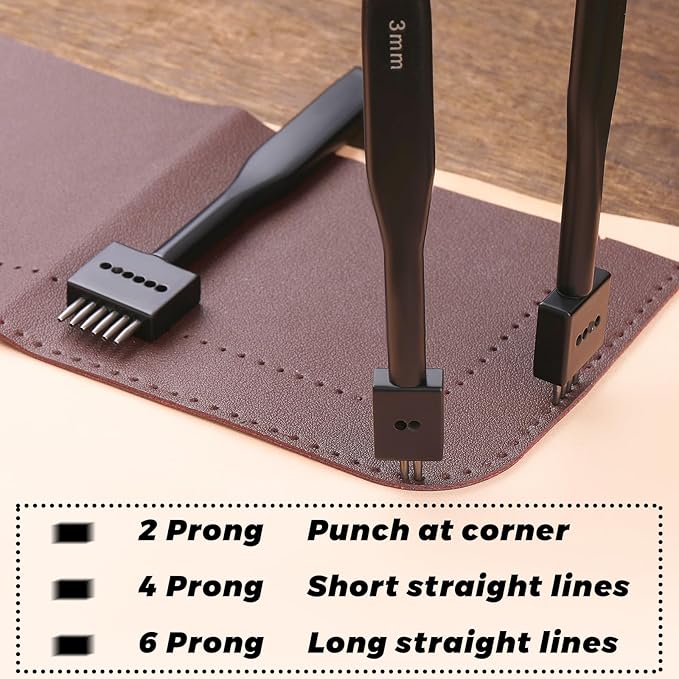 Leather Hole Punch, Black Hole Punch Tool 3mm 2/4/6 Lacing Stitching Punch, Round Hole Prong Stitching Chisel Set Leather Working Tools for Leathercraft