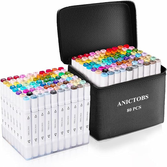 Alcohol Markers 80 Colors with Base Support, Drawing Art Markers Perfect for Students Kids and Adults Comics Sketching Illustration Artistic Creation Gift